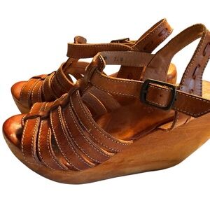 Bed Stu | Woven Leather Sling Back Tan Strappy Wooden Wedge Sandals | Sz 7